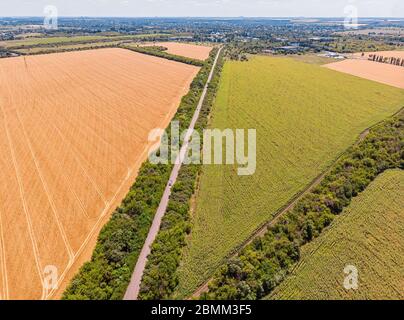 Veduta aerea di una stretta strada di campagna asfaltata grigia, che attraversa un paesaggio con campi e prati. Foto Stock