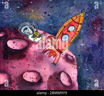 Un pinguino con cartoni animati in un abito spaziale dell'astronauta. Carattere nello spazio. Illustrazione watercolor Foto Stock