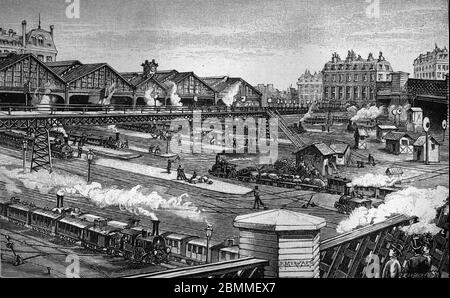 Vue de la gare de l'Ouest (actuelle gare saint Lazare) depuis la Place de l'Europe a Paris - Gravure - Vista della stazione ferroviaria gare Saint-Lazare, a Pa Foto Stock