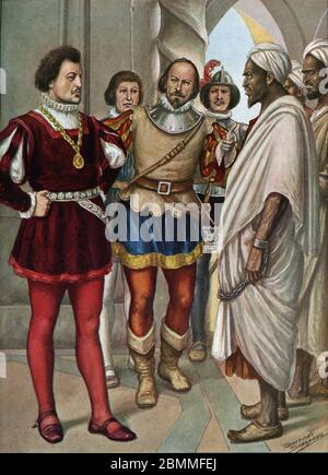 "Le Prince portugais et navigateur Henri le Navigateur (1394-1460) rencontre des prigioniero maures vers 1437" (Enrico il Navigatore con prio moresco Foto Stock