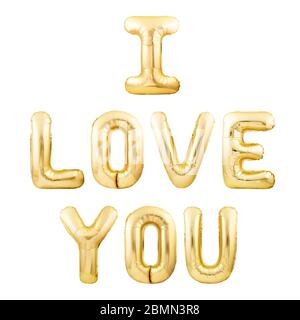 Fase i Love You fatto di lettere oro gonfiabili palloncino isolato su sfondo bianco Foto Stock