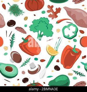 Elegante motivo senza cuciture con verdure rosse e verdi trainate a mano. Pepe piatto, pomodoro, broccoli, cipolla, funghi, yam, cetrioli. Vegetariano sano Illustrazione Vettoriale