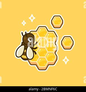 Simpatico cartone animato miele ape su nido d'ape. Illustrazione di una clip art vettoriale per apicoltura. Illustrazione Vettoriale