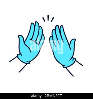 Due mani in guanti chirurgici in lattice che si aggrabilano in cinque gesti. Successo medico. Semplice illustrazione vettoriale in stile cartoon. Illustrazione Vettoriale