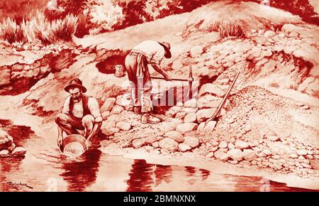 Illustrazione di uomini che hanno ottenuto l'oro in Australia, da un set di manifesti scolastici utilizzati per gli studi sociali, c 1930 Foto Stock