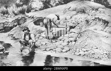 Illustrazione di uomini che hanno ottenuto l'oro in Australia, da un set di manifesti scolastici utilizzati per gli studi sociali, c 1930 Foto Stock