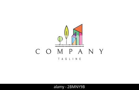 Logo vettoriale su cui un'immagine astratta di due edifici colorati e alberi. Illustrazione Vettoriale