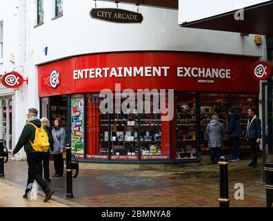 Worcester, Regno Unito - Marzo 15 2020: La facciata del negozio di elettronica di seconda mano CEX sugli Shambles Foto Stock