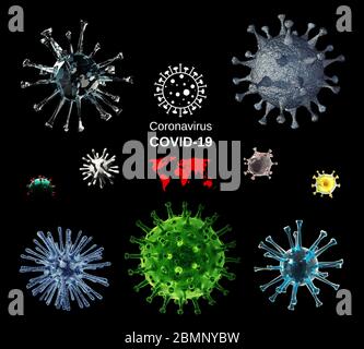 Rappresentazione 3d astratta di una serie di forme di coronavirus diverse Foto Stock