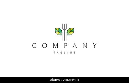 Logo vettoriale sul quale un'immagine astratta di una forchetta e due foglie sui lati, che rappresentano merci biodegradabili. Illustrazione Vettoriale