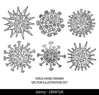 Diversi tipi di virus, set di schizzi. Illustrazione disegnata a mano. Infezione da virus respiratorio. Corona virus e altri virus. Illustrazione Vettoriale