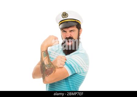 Muscoli forti. Spirito marinaro. Marinaio barbuto isolato su bianco. Marinaio o marinaio con barba lunga e baffi. Lavorare come marinaio. Marinaio professionista. Navy e marina. Concetto di avventure in mare. Foto Stock