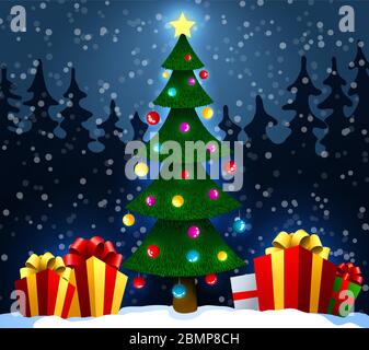 Albero di Natale con regali sulla neve nella foresta invernale. Natale e Capodanno sfondo. Illustrazione vettoriale. Illustrazione Vettoriale