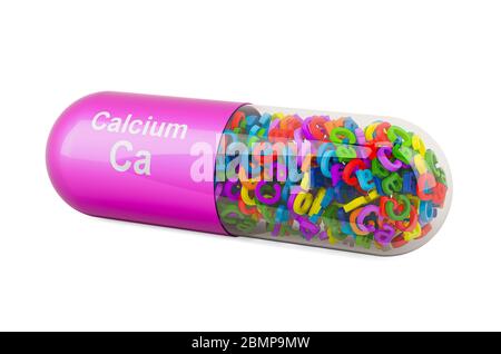Capsula con calcio CA, supplemento dietetico. Rendering 3D isolato su sfondo bianco Foto Stock