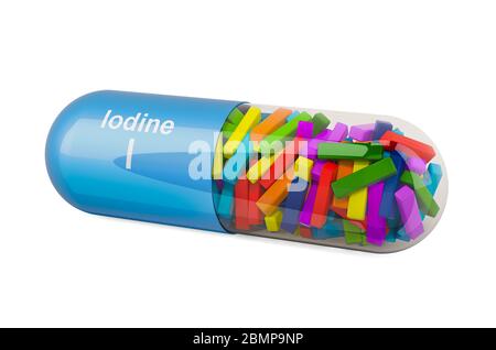 Capsula con iodio i, integratore alimentare. Rendering 3D isolato su sfondo bianco Foto Stock