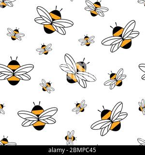Motivo senza cuciture Bee. Insetti volanti su sfondo bianco. Illustrazione vettoriale piatta. Illustrazione Vettoriale