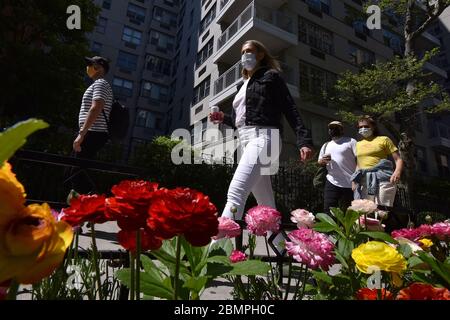 Pedoni che indossano maschere facciali protettive durante la pandemia COVID-19, camminano oltre fiori piantati lungo la Fifth Ave. A New York, NY, 10 maggio 2020. (Anthony Behar/Sipa USA) Foto Stock