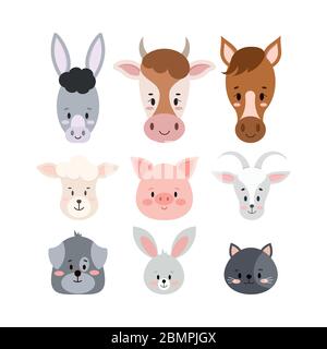 Animali da fattoria facce isolate su sfondo bianco. Illustrazione Vettoriale