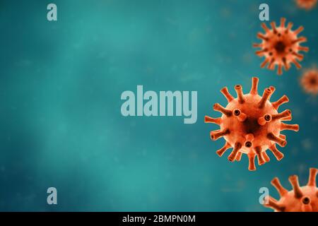 Coronavirus su sfondo verde blu, rendering 3d, nuovo virus corona SARS-cov-2 in cellule con spazio di copia per il testo. Banner con pandemia COVID-19, glo Foto Stock