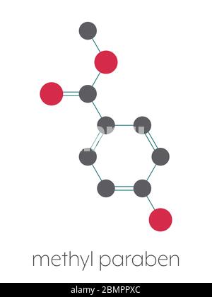 Molecola conservante di metil paraben. Formula scheletrica stilizzata (struttura chimica): Gli atomi sono indicati come cerchi codificati a colori: Idrogeno (nascosto), carbonio (grigio). Foto Stock