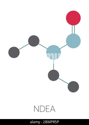 Molecola cancerogena di N-nitroso-dietilammina o NDEA. Formula scheletrica stilizzata (struttura chimica): Gli atomi sono indicati come cerchi codificati per colore: Idrogeno (nascosto), carbonio (grigio), ossigeno (rosso), azoto (blu). Foto Stock