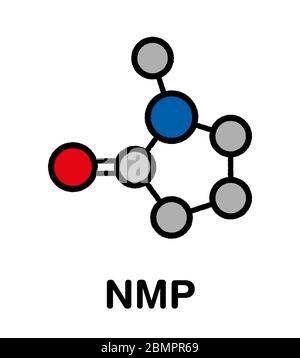 Molecola di solvente chimico di N-metil-2-pirrolidone (NMP). Formula scheletrica stilizzata (struttura chimica): Gli atomi sono indicati come cerchi codificati per colore: Idrogeno (nascosto), carbonio (grigio), ossigeno (rosso), azoto (blu). Foto Stock