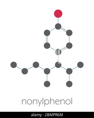 Nonilfenolo Endocrine Disruptor molecola (un isomero mostrato). Stilizzata di scheletro di formula (struttura chimica): gli atomi sono mostrati come codificati per colore cerchi: idrogeno (nascosto), carbonio (grigio), Ossigeno (rosso). Foto Stock