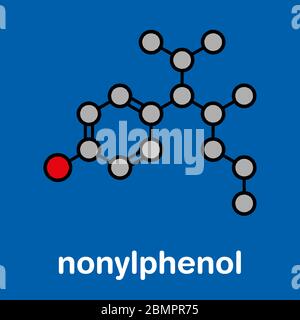 Nonilfenolo Endocrine Disruptor molecola (un isomero mostrato). Stilizzata di scheletro di formula (struttura chimica): gli atomi sono mostrati come codificati per colore cerchi: idrogeno (nascosto), carbonio (grigio), Ossigeno (rosso). Foto Stock