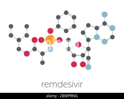 Remdesivir farmaco antivirale molecola. Formula scheletrica stilizzata (struttura chimica): Gli atomi sono indicati come cerchi codificati per colore: Idrogeno (nascosto), carbonio (grigio), azoto (blu), ossigeno (rosso), fosforo (arancione). Foto Stock