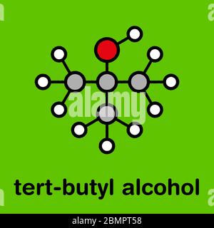 Molecola solvente di alcol terz-butilico (tert-butanolo). Formula scheletrica stilizzata (struttura chimica): Gli atomi sono indicati come cerchi codificati per colore: Idrogeno (bianco), carbonio (grigio), ossigeno (rosso). Foto Stock
