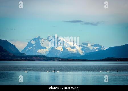 Baia di ultima speranza, Fjordo ultima Esperanza, dietro montagne innevate, Puerto Natales, Region de Magallanes y de la Antartica Chilena Foto Stock