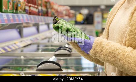 Primo piano delle mani della donna in guanti medici sceglie spinaci congelati nella confezione aprendo il congelatore in supermercato. Misure di protezione contro il coronav Foto Stock