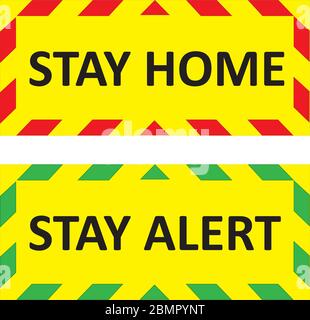 SEGNALI di avvertenza PER RIMANERE A CASA e RIMANERE VIGILI. Segni di quarantena rossi e verdi che aiutano a combattere contro Covid-19 nel Regno Unito. Illustrazione vettoriale Illustrazione Vettoriale