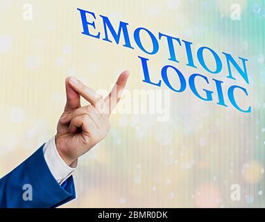 Nota di scrittura che mostra Emotion Logic. Concetto di business per cuore o anima del cervello o intelligenza confusione uguale equilibrio Foto Stock