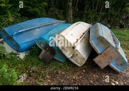 Vecchie barche da pesca in legno che si asciugano capovolto su un prato. Barche da pesca su una riva Foto Stock