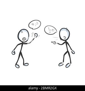 Conflitto e disaccordo nemici che combattono e discutono con rabbia e aggressione. Urlare, argomentarsi, violenza. Disegnato a mano. Cartoon Stickman Illustrazione Vettoriale