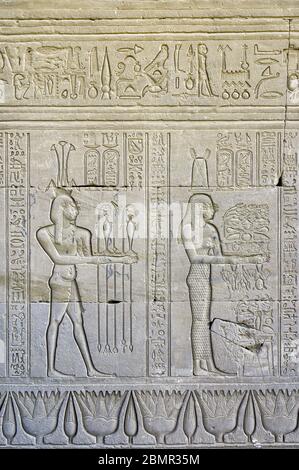 Rilievo affondato scolpito sulla parete esterna del Tempio di Hathor raffigurante divinità che porta offerte e tributi alla dea Hathor Foto Stock