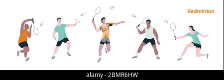 Illustrazione vettoriale di persone uomini e donne che giocano badminton. Concetto di attività sportiva e diversità. Illustrazione Vettoriale