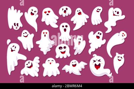 Adesivo colorato con fantasma con set di cartoni animati piatti ombreggiati. Collezione Halloween cute spaventoso adesivi mostri. Personaggio divertente e divertente. Fantasmi Halloween concetto. Illustrazione vettoriale isolata Illustrazione Vettoriale