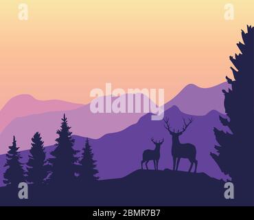 illustrazione vettoriale di sfondo di montagna con alberi, cervi. Illustrazione Vettoriale