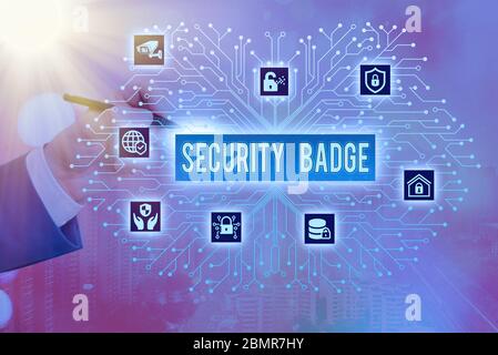 Nota di scrittura che mostra il badge di sicurezza. Concetto aziendale per la credenziale utilizzato per accedere all'area controllata Foto Stock