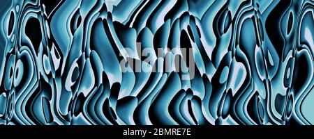 Motivo ondulato blu brillante nero. Volume linee curve sfondo. Illustrazione psichedelica astratta. Formato panoramico, rappresentazione 3d Foto Stock