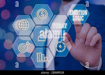 Nota di scrittura che mostra Emotion Logic. Concetto di business per cuore o anima del cervello o intelligenza confusione uguale equilibrio Foto Stock