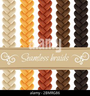 Set di treccia per capelli senza cuciture, treccia francese a tre filamenti, treccia isolata su bianco. Spazzola vettoriale per capelli e motivi. Illustrazione Vettoriale