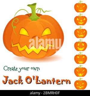 Kit di assemblaggio Halloween Crea il tuo Jack o Lantern su sfondo bianco. Le zucche sono disegnate con espressioni facciali intercambiabili. Può essere utilizzato come Illustrazione Vettoriale
