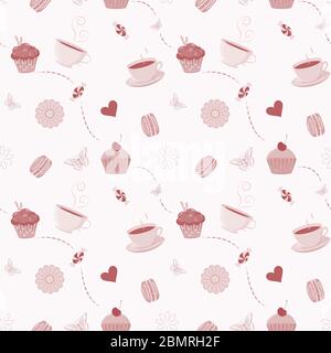 Modello Vector senza cuciture con cupcake, macaroon, caramelle e tisane disegnate a mano. Sfondo unico ed elegante per scrapbooking digitale, sito web wal Illustrazione Vettoriale