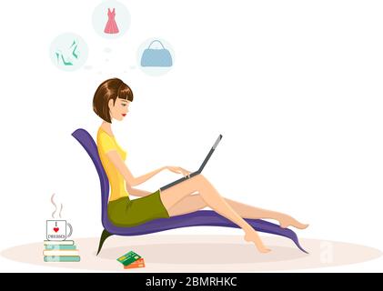 Donna che fa shopping di moda dal suo divano a casa. Illustrazione vettoriale del concetto di shopping online Illustrazione Vettoriale