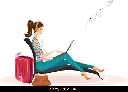 Giovane donna che studia, impara online sul suo laptop Illustrazione Vettoriale