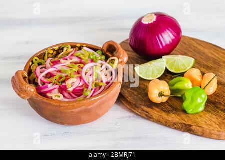 Salsa habanero con cipolla e limone, tradizionale per il pibil Cochinita di Merida Yucatan Messico Foto Stock