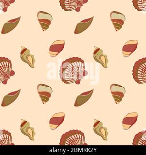 Modello Vector senza cuciture con conchiglie. Sfondo navale per sito web, imballaggio, scrapbooking digitale, sfondi, tessuti e carta da imballaggio. Illustrazione Vettoriale
